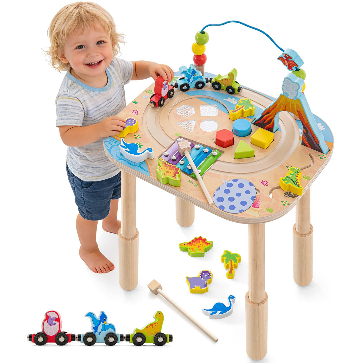 Gewitt Montessori Activity Table for 1 Year Old, 9-in-1 Wooden Activity Table with Adjustable Height, Train, Shape Sorter, Xylophone, Baby Sensory Educational Learning Toys, Birthday Gift (Dinosaur)