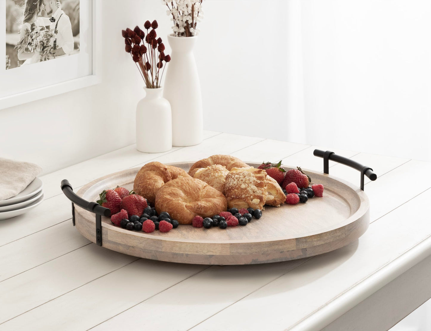 Kate and Laurel Bruillet Farmhouse Wood Round Lazy Susan Tray; 20 x 20; Natural; Wooden Countertop Organizer with Turning Lazy Susan for Kitchen Storage; Coffee Table; or Living Room Ottoman