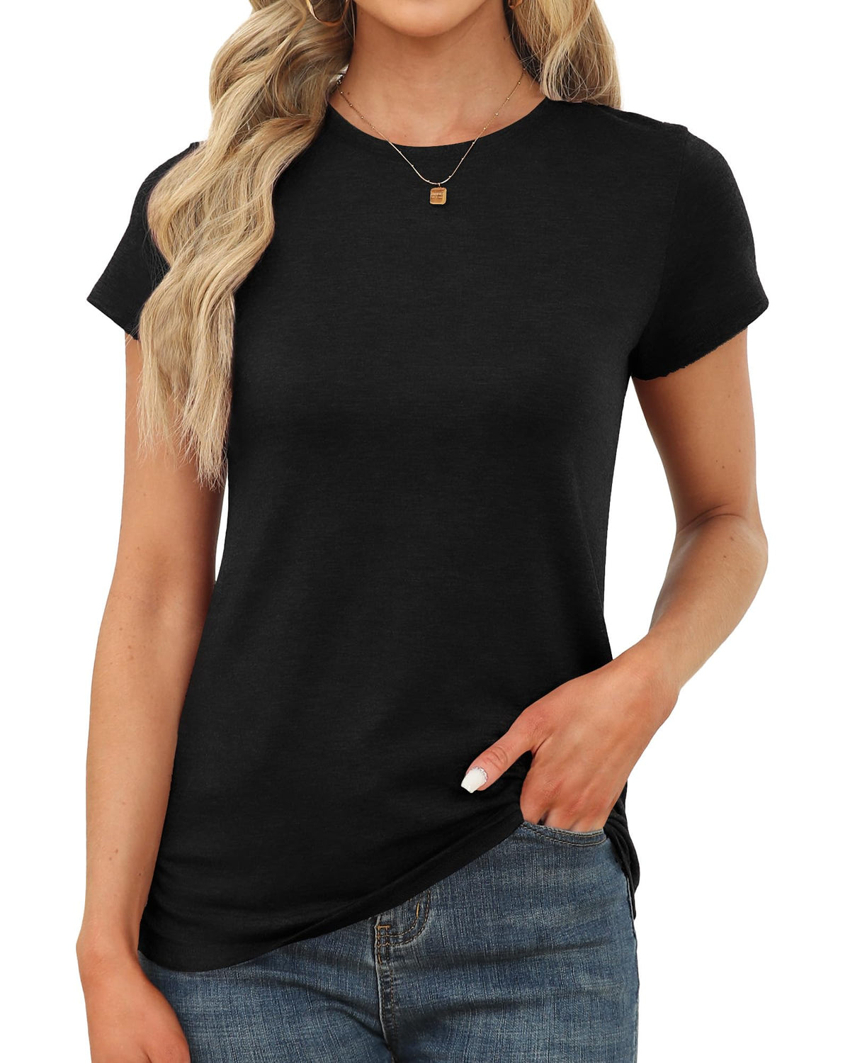 Memorose Womens Short Sleeve Tops Summer T Shirts Round Neck Fashion Causal Basic Tee Black L