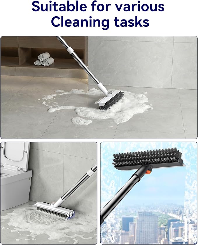 Small Floor Scrub Brush with Length Adjustable Long Handle, 3 in 1 Heavy-Duty