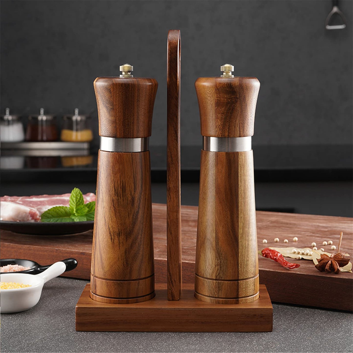 Ninefish Wooden Salt and Pepper Grinder Kit,Wood pepper mill,8-inch manual Teak Wooden Salt and Pepper Shakers, Pepper and salt grinders are combined with Wooden Stand Holder Tray and Wooden Spoon