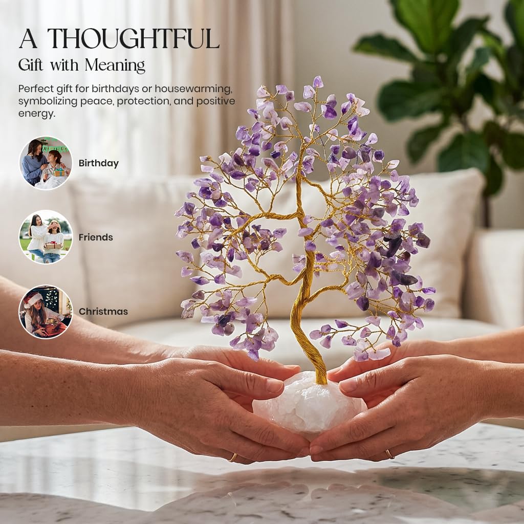 Crocon® Amethyst Crystals Tree of Life Rough Base, Birthday Gifts for Women, Home & Office Decor Money Tree Healing Crystals Womens Gifts Ideas House Warming Gift Sister Unique Purple Decoration