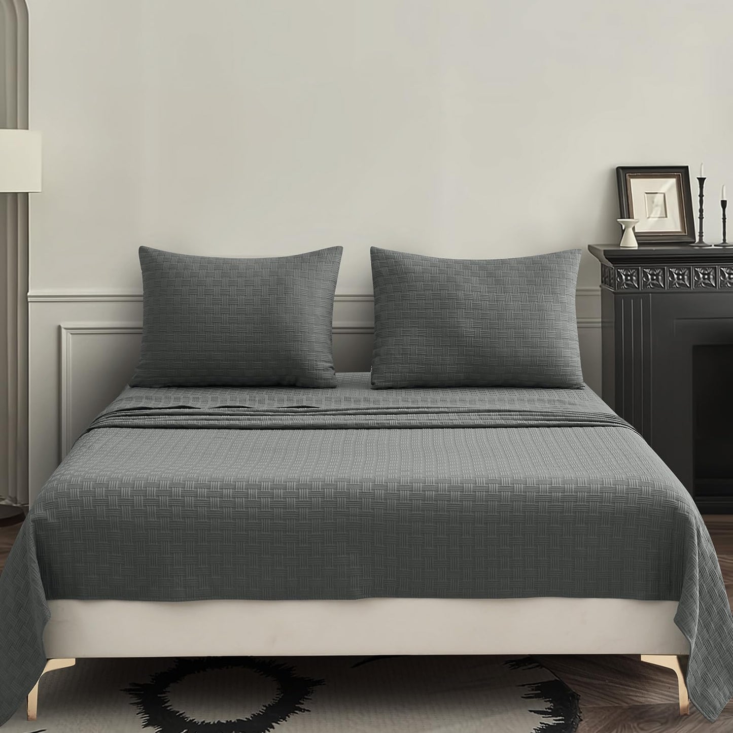 Seavelson Woven Grid Soft King Size Sheet Set - Comfortable & Breathable 4 Piece Bed Sheets with 1 Fitted Sheet,1 Flat Sheet & 2 Pillowcases - Deep Pocket Up to 18 Inches (Dark Grey)
