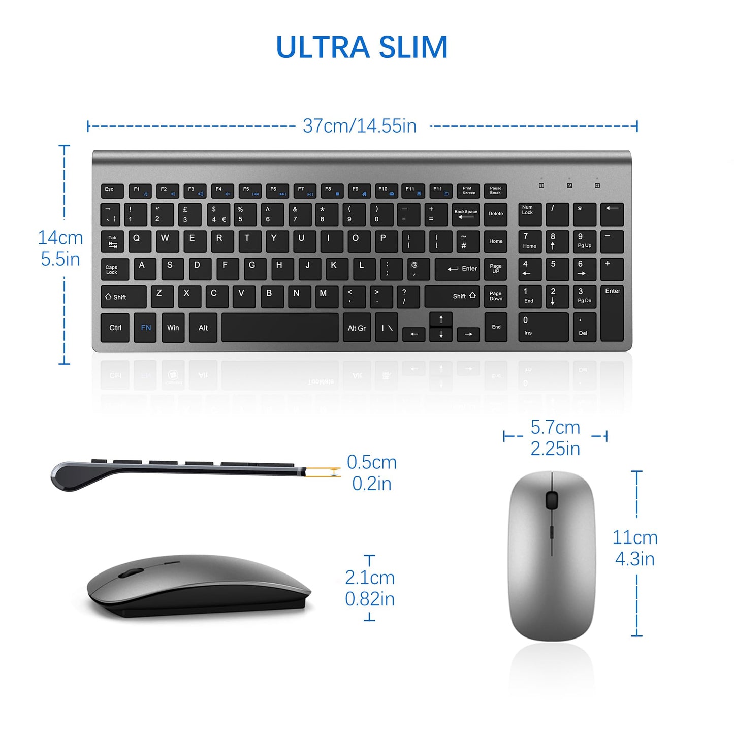 Wireless Keyboard and Mouse Ultra Slim Combo, TopMate 2.4G Silent Compact USB 2400DPI Mouse and Scissor Switch Keyboard Set with Cover, 2 AA and 2 AAA Batteries, for PC/Laptop/Windows/Mac - Gray Black