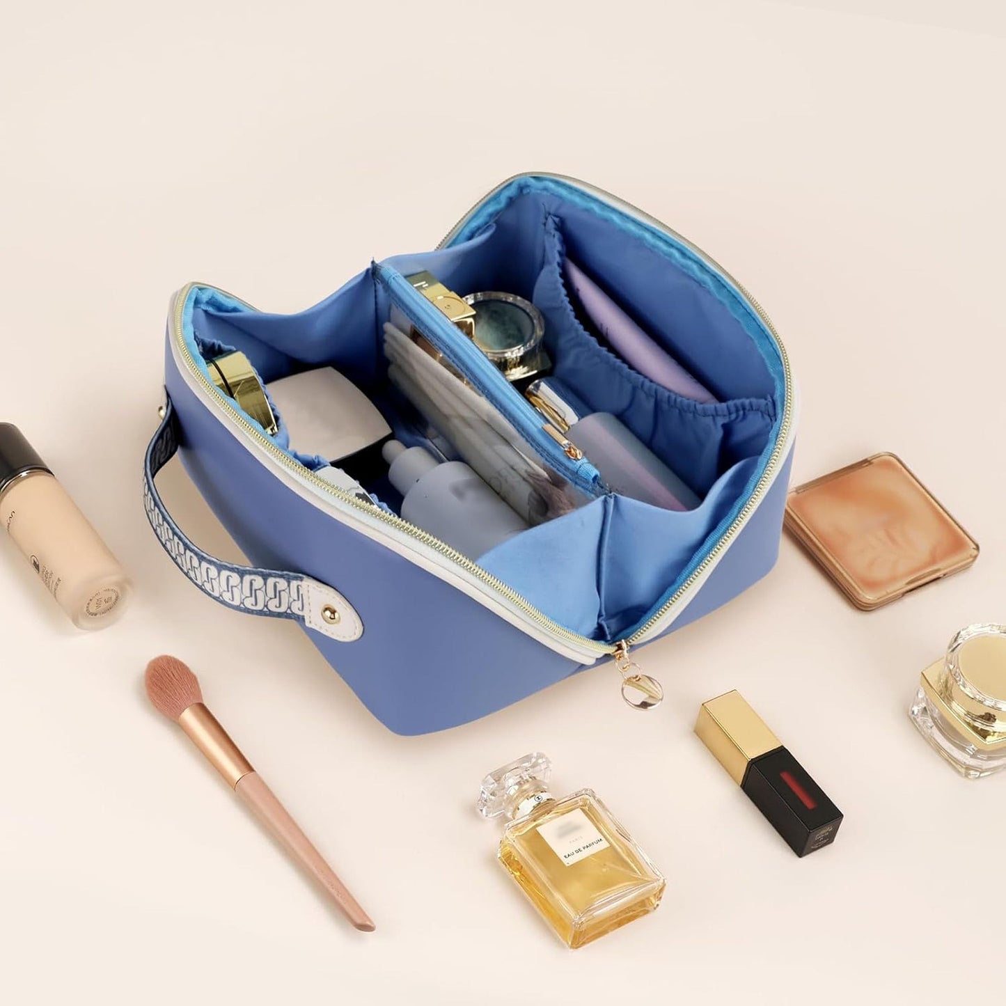 Prite Large Capacity Makeup Bag Portable Travel Cosmetic Bag Waterproof Toiletry Case with Clear Divider and Handle (Blue)