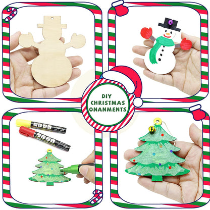 Pseutio 50 PCS Unfinished Wooden Christmas Ornaments DIY Christmas Wooden Slices with 50 Jingle Bells for Crafts Christmas Hanging Decorations (10 Shapes)