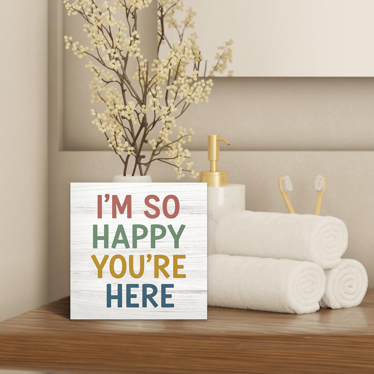 Luipk Boho Classroom Wood Box Sign Desk Decor 5X5, I'm So Happy You're Here Wooden Block Sign Decorations for Kids Nursery Room Bedroom Playroom Classroom Desk Table Wall Tabletop Shelf Decor
