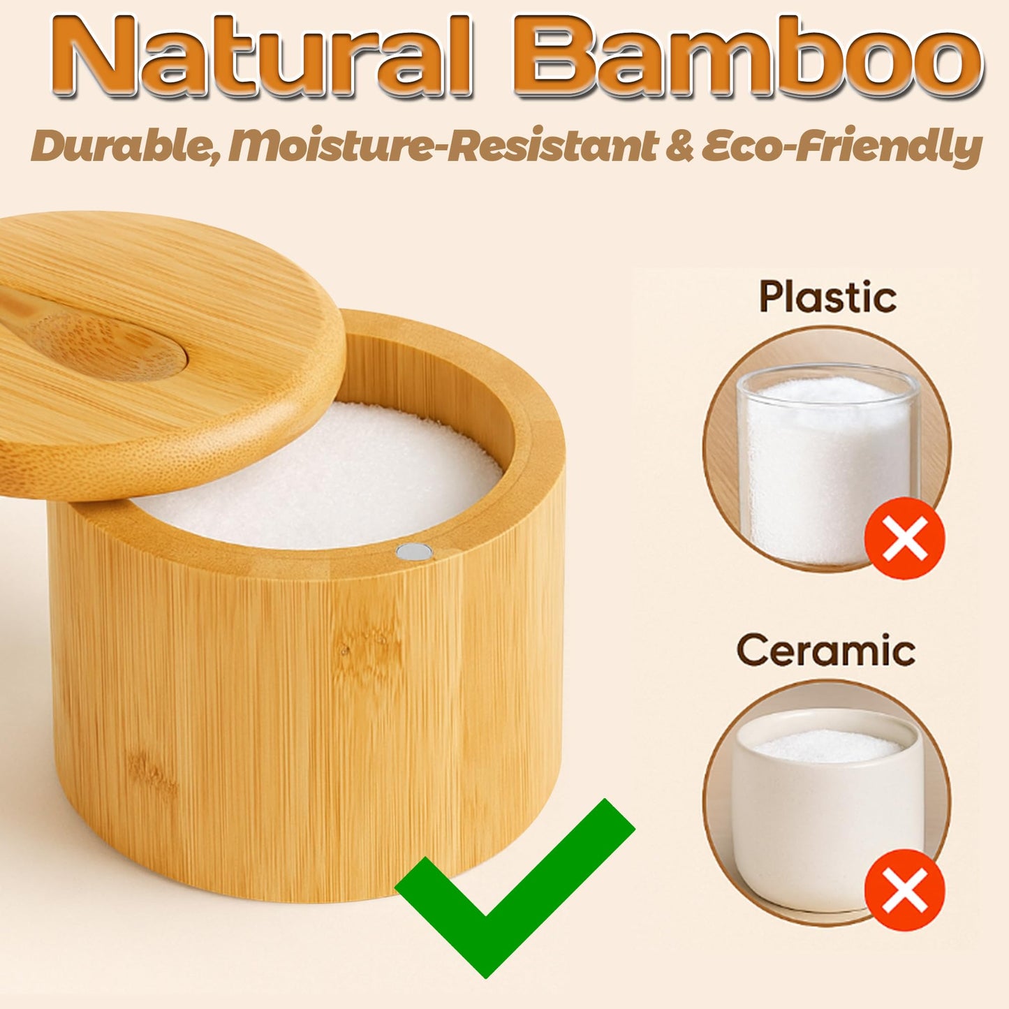 Loscarol 2Pcs Bamboo Salt Cellar Spice Box with Magnetic Swivel Lid & Spoon, Bamboo Storage Box Salt Container to Storage Pepper, Table Salt, Gourmet Salts, Spice, Sugar, 6 oz
