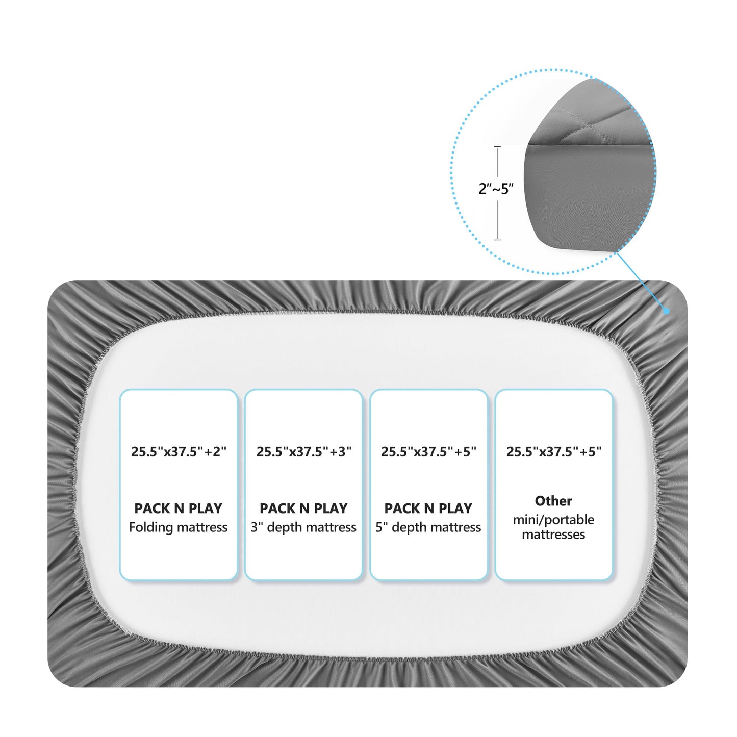 TILLYOU Pack and Play Sheet - Soft Quilted Crib Cover Pad, Toddlers Mattress Protector with 1''-3'' Deep Pocket, Thick Play Yard Playpen Sheets, Breathable Fluffy Crib Mattress Pad, 39"x27", Grey