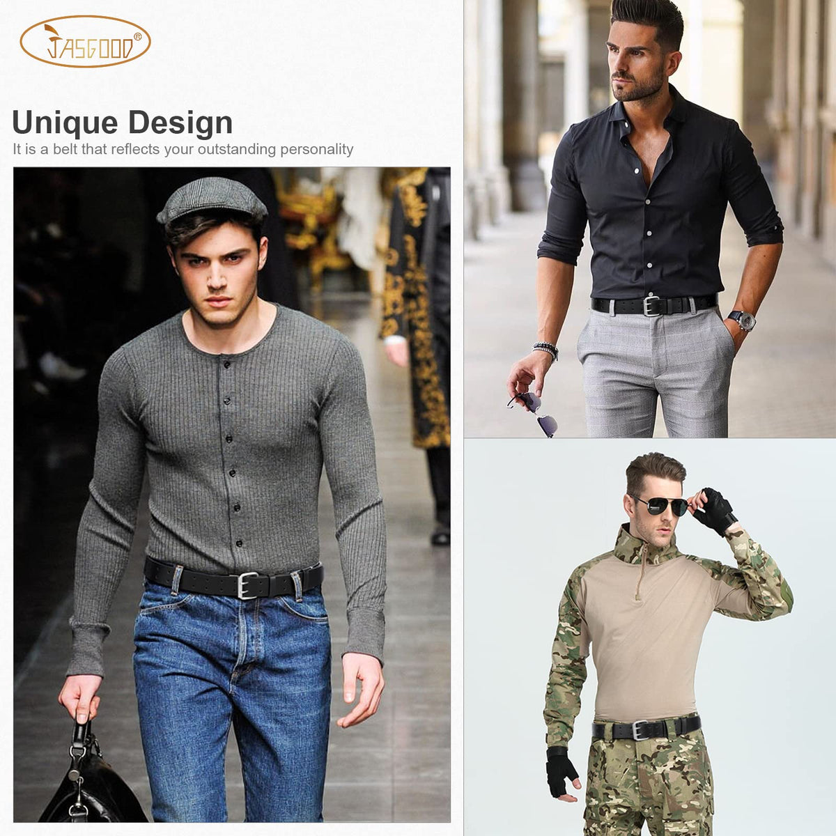 JASGOOD Men Double Prong Leather Belt Casual Work Heavy Duty Belt Double Grommet Holes Belt for Jeans (Black,Suit for Waist Size Below 51")