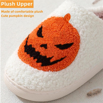 V OPXIN Halloween Slippers for Women Men Pumpkin Spooky Ghost Slippers Cozy Plush Warm Slip-on House Slippers Shoes for Indoor Outdoor Halloween Gifts