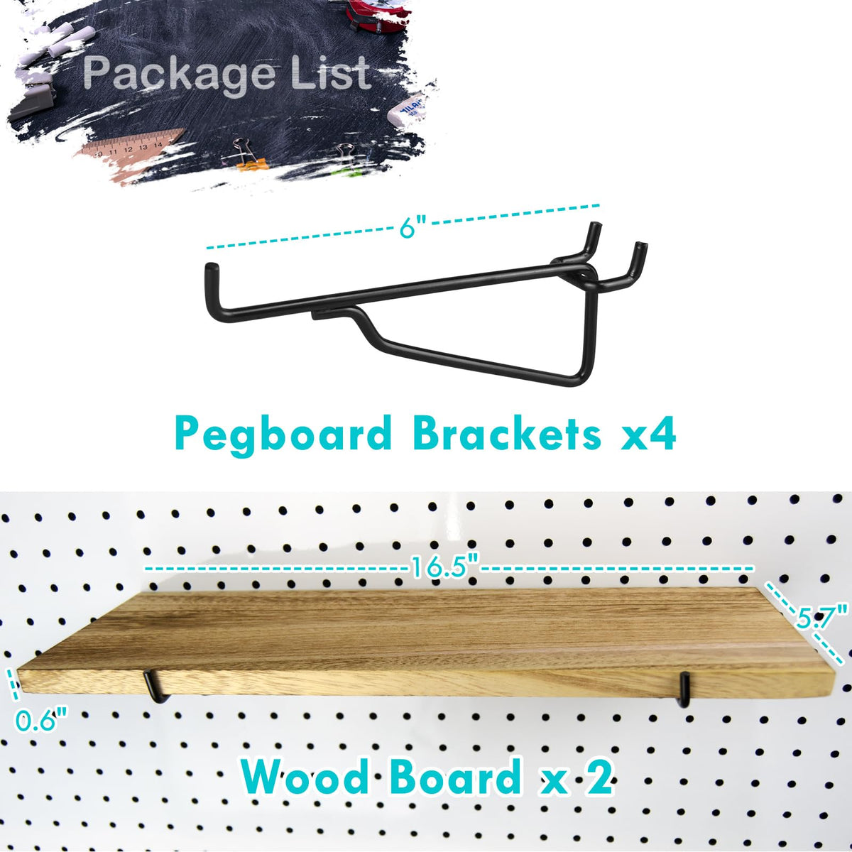 2 Pack Wooden Pegboard Shelves, 1/4 inch Peg Board Organizer Accessories, Shelves and Baskets Brackets, Display and Storage Shelving Rack for Garage Workbench Art Craft Room Office Hobby Workshop