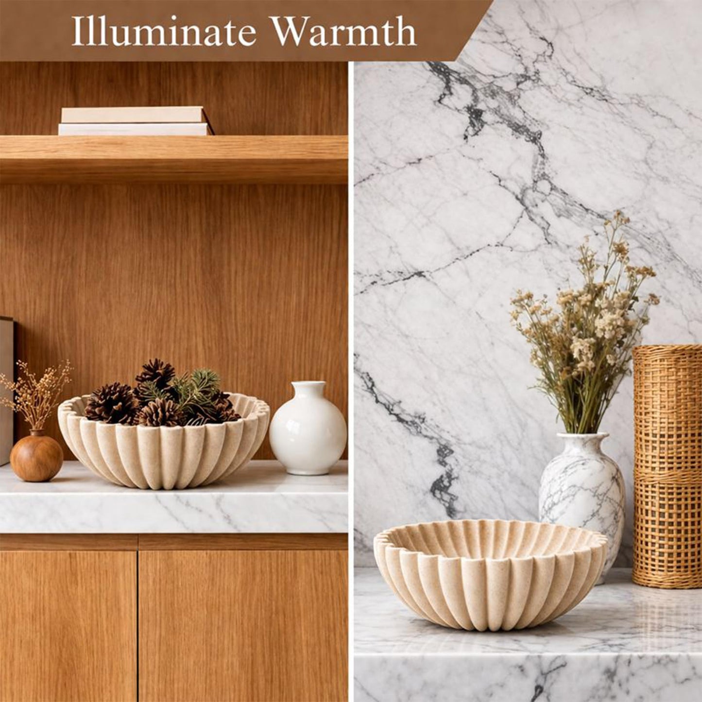 ZJSYTQS Large Modern Ruffle Bowls, Artificial Stone Decorative Catch All Bowl for Kitchen Counter and Entryway Table, Handcrafted Fruit Bowls and Key Bowl for Home Decor(Beige)