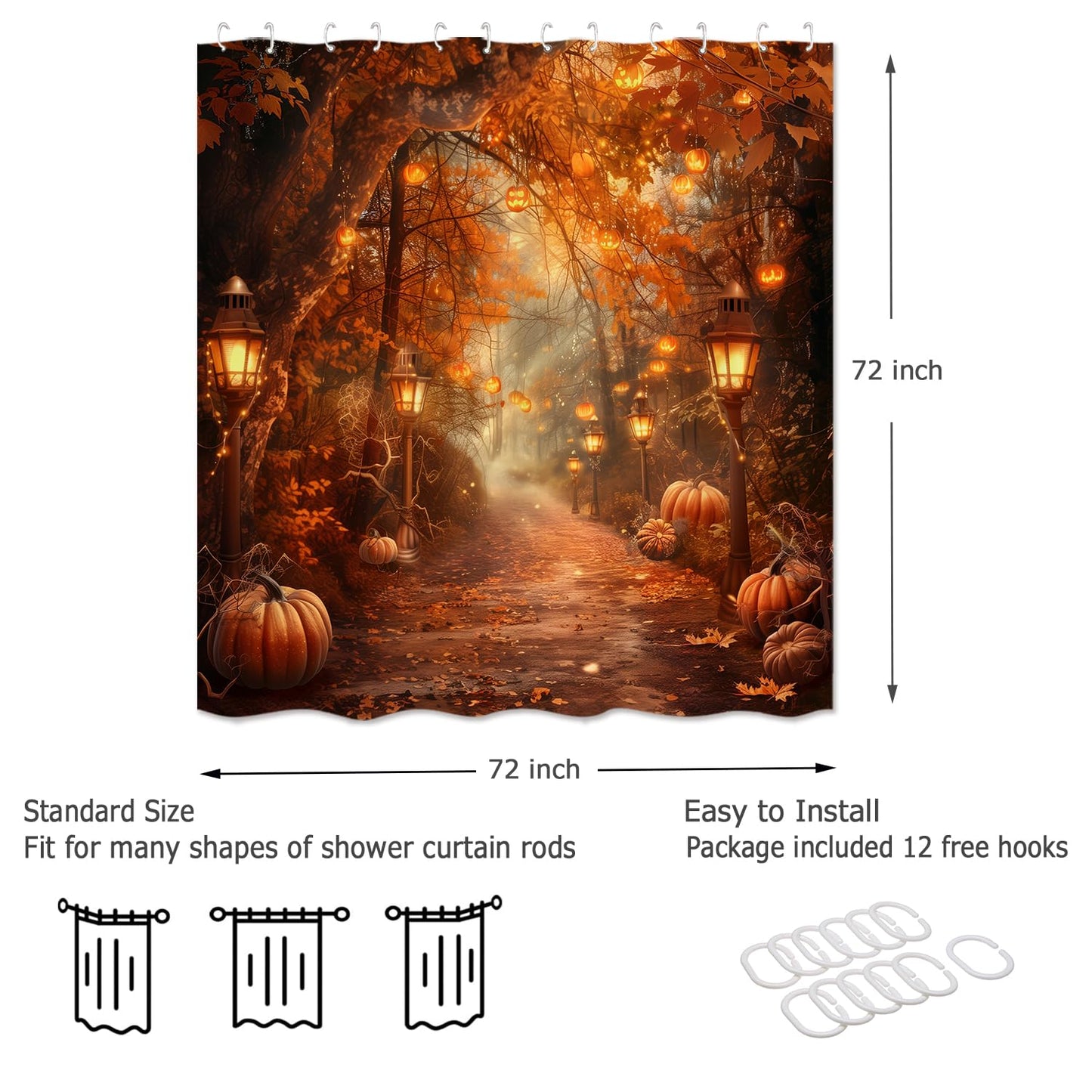 PAOPOED Fall Pumpkins Shower Curtain，Autumn Thanksgiving Harvest Halloween Forest Rural Trail Bathroom Decor，72 x 72 Inch Polyester Fabric Waterproof Bathroom Curtain with 12 Hooks
