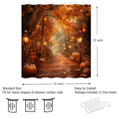 PAOPOED Fall Pumpkins Shower Curtain，Autumn Thanksgiving Harvest Halloween Forest Rural Trail Bathroom Decor，72 x 72 Inch Polyester Fabric Waterproof Bathroom Curtain with 12 Hooks