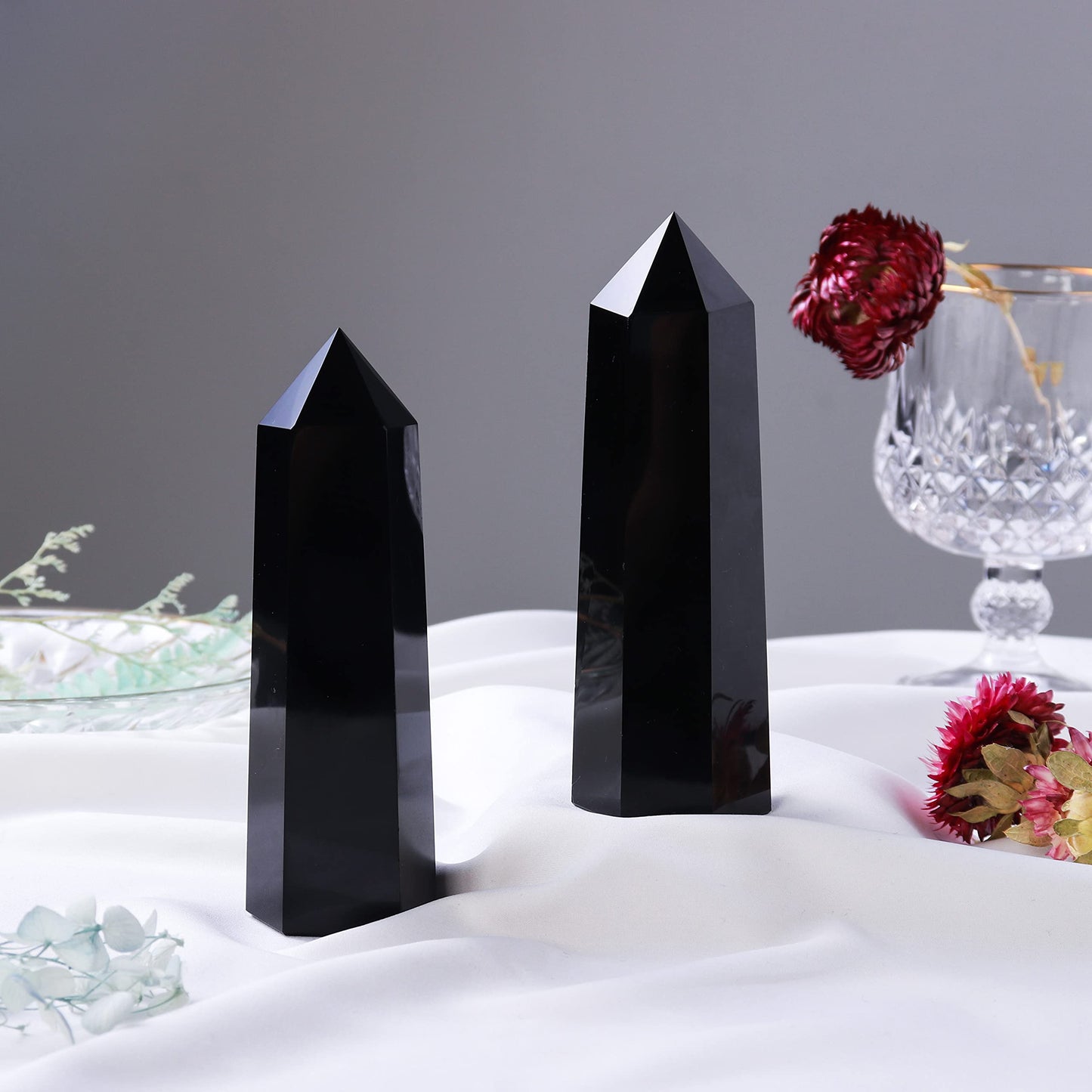 Runyangshi Large Black Obsidian Healing Crystal Wand 4.72"-5" Crystal Tower 6 Faceted Single Point Crystal Prism Wand Natural Quartz Stones for Meditation Reiki Chakra Therapy Home Decor Gift