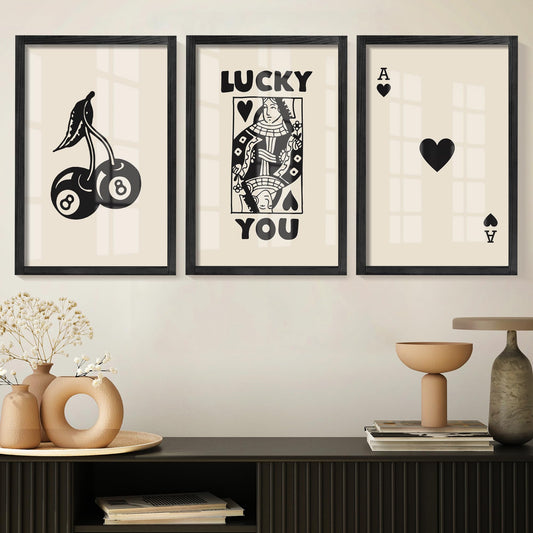 Heiple Framed Set of 3 Poker Wall Art Lucky You Poster, Trendy Retro Print Wall Decor for Queen of Hearts Wall Art Rustic Vintage Farmhouse Home Wall Decor（Black 12"x16"）