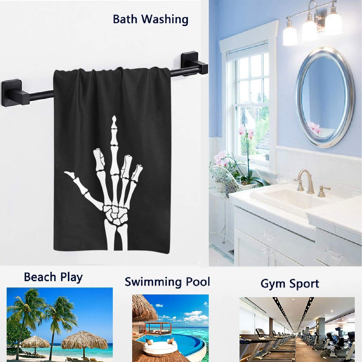 Naanle Skeleton Shows Middle Finger Print Soft Large Hand Towels for Bathroom, Hotel, Gym and Spa (16" x 30",Black)