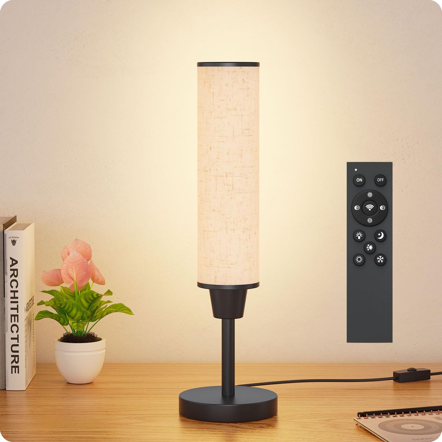 Nukanu Table Lamp with Remote，Bedside Lamps for Night Stands, Nightstand Lamp with Adjustable Brightness (10%-100%) and Color Temperature (3000k-6000k),Small Lamp for Bedroom (Black - Beige Linen)