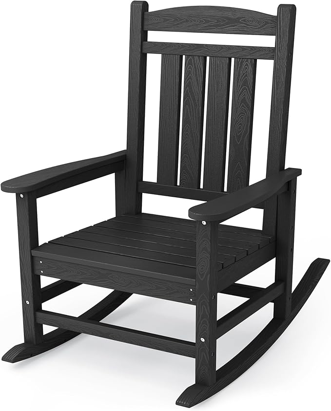 KINGYES HDPE Outdoor Rocking Chair, Widened Seat Patio Rocking Chair, Oversized All Weather Patio Rocker, Black