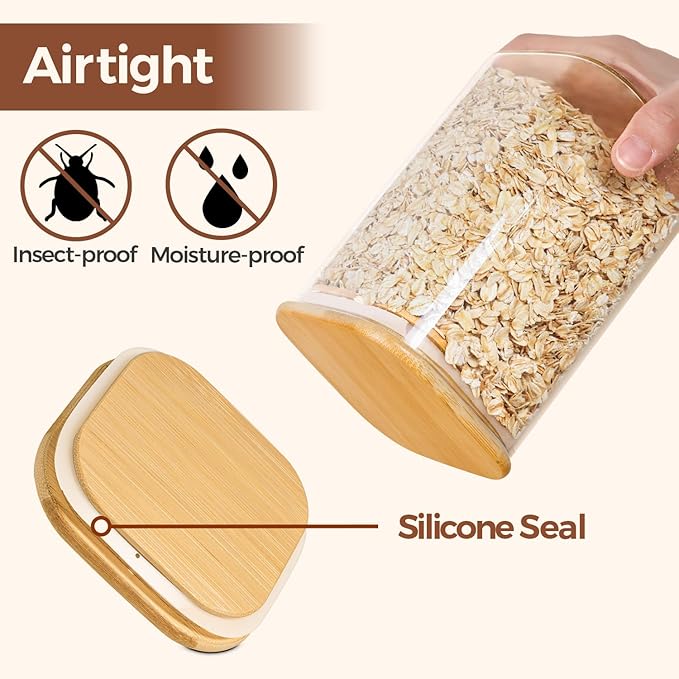 ComSaf 0.8 Qt Glass Jars with Bamboo Lids & Spoons Set of 4, Square Glass