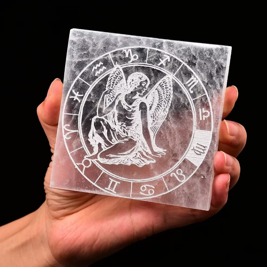 AMOYSTONE Selenite Crystal Charging Plate for Healing Crystal Stone Selenite Pieces Square Slab Etched Virgo 4" with Stand