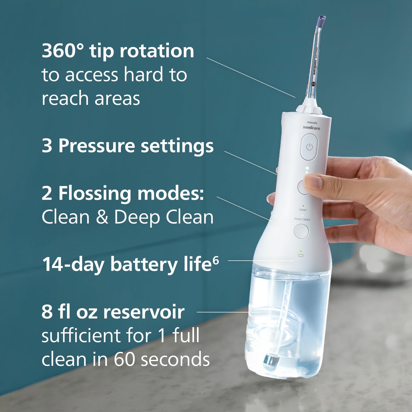 Philips Sonicare Cordless Power Flosser 3000 - Water Flosser with Innovative Quad Stream Technology, Oral Irrigator with 2 Flossing Modes and 3 Pressure Levels, IPX7 Waterproof, Black, HX3826/23
