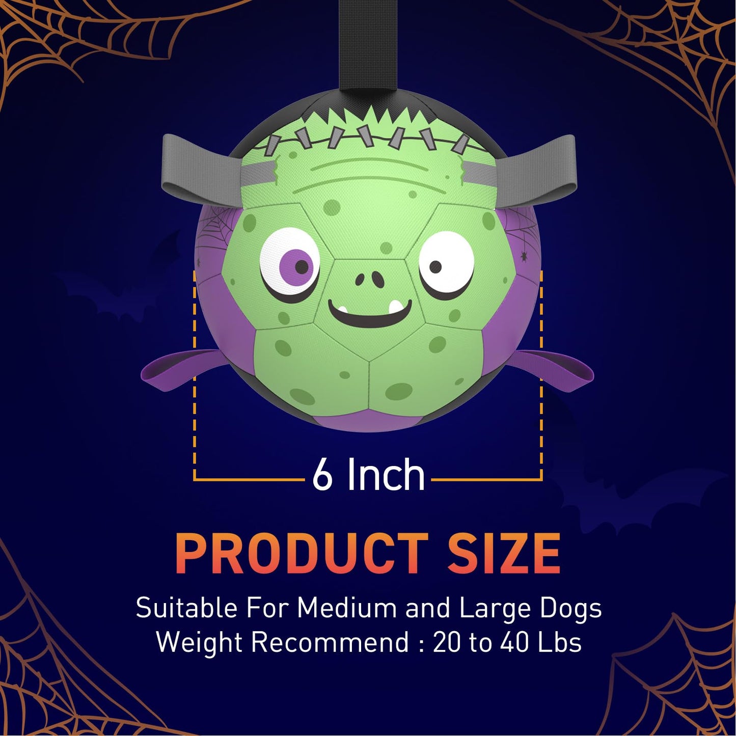 QDAN Halloween Dog Toys Soccer Ball: Premium Dog Soccer Balls with Straps- Outdoor Herding Balls Toys for Small Medium Dogs- Puppy Pet Birthday Gifts- 6 Inch Purple Green
