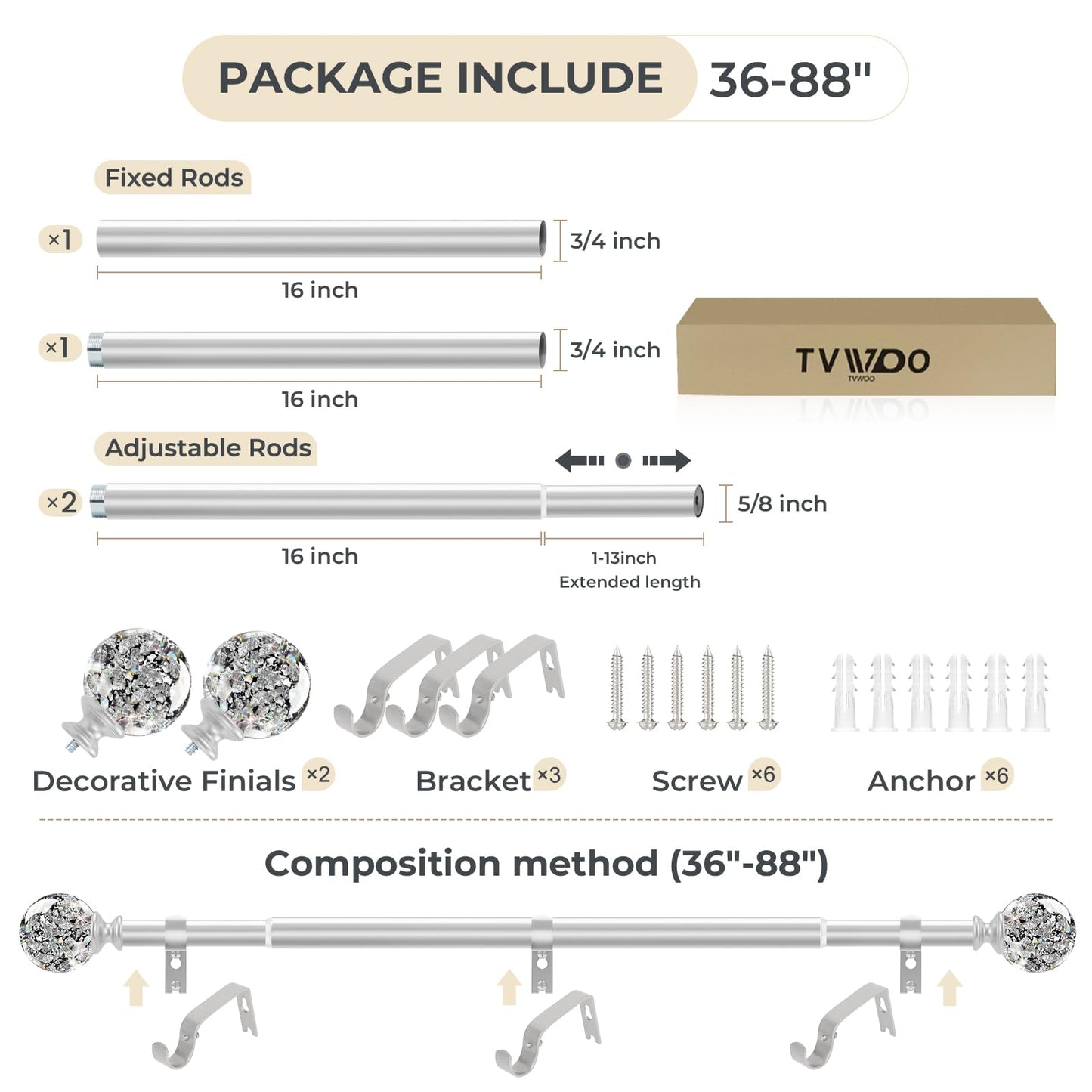 TVWOO Silver Decorative Crystal Curtain Rods:36-88 Inch Heavy Duty Adjustable Window Curtains Rods for Bedroom Living Room,Nickel Modern Girly Acrylic Drapery Rods Set with Sheer Bling Foil Finials
