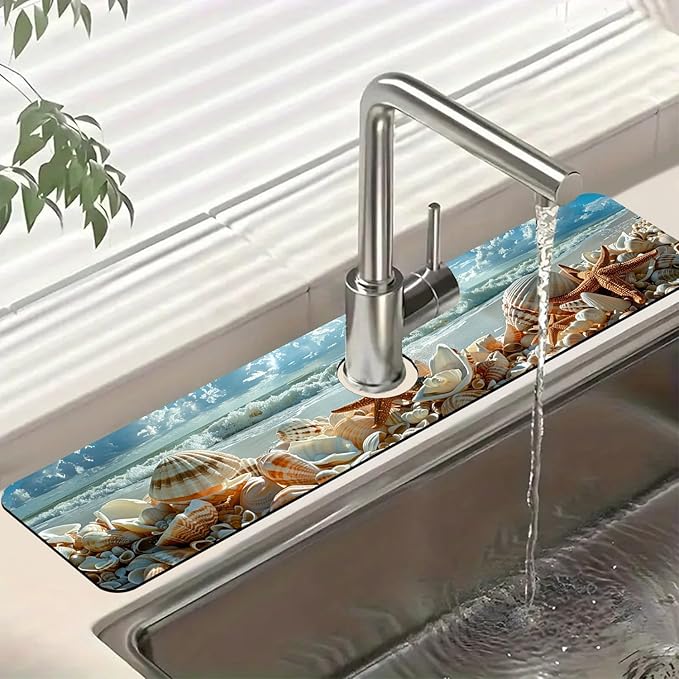 Beach Sink Splash Guard Shells Starfish Waves Faucet Absorbing Mat Fast Drying