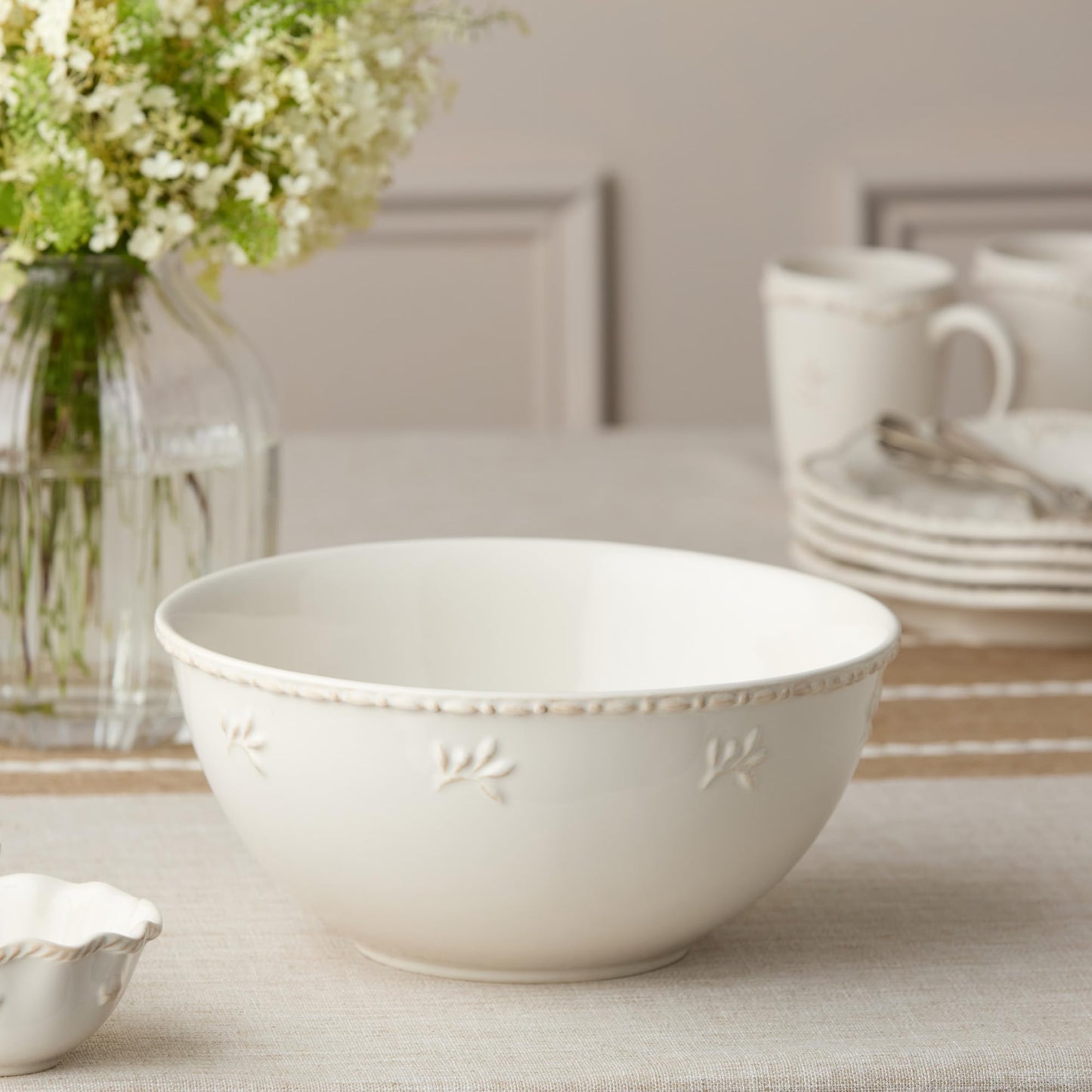 Heritage Large Mixing Bowl 10.75" – Classic Ivory Stoneware Bowl with Embossed Leaf Motif & Beaded Rim – Durable Farmhouse Kitchen Bowl for Baking, Serving & Entertaining