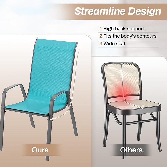 TLSUNNY Patio Chairs, Stackable Textilene Outdoor Dining Furniture for All Weather, with 17.7″ Wide Seat & Metal Frame, for Garden, Backyard, Deck, Restaurant, Poolside (6, Turquoise Blue, 24.6″)