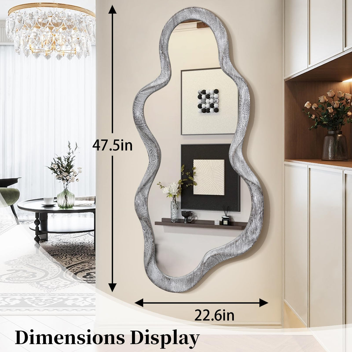 Lzuso Irregular Wooden Framed Wall Mirror Modern Asymmetrical Unique Hanging Mirror Artistic Unique Cloud Shape Wall Decor Bathroom Vanity Bedroom Living Room Entryway Hallway Large 47" x 22"