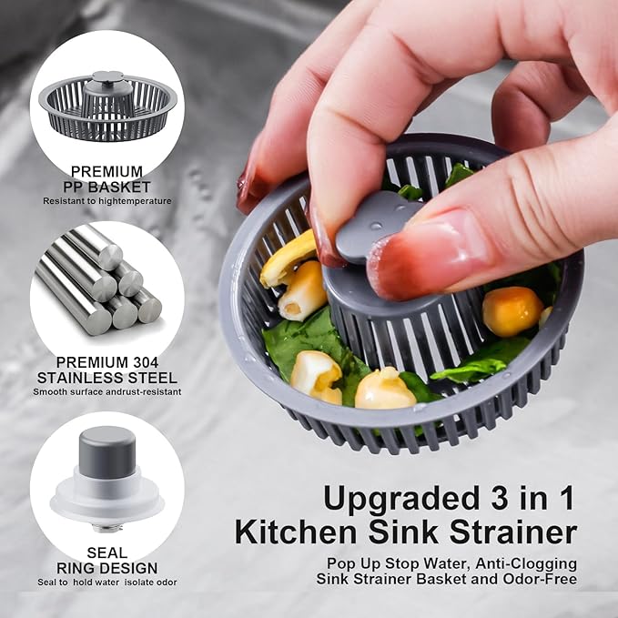 3 in 1 Kitchen Sink Drain Strainer and Stopper, 304 Stainless Steel Pop-up