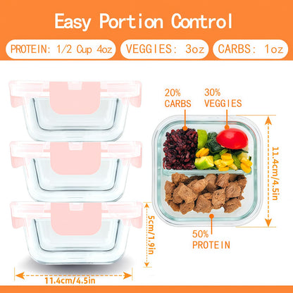 Nafhone Bariatric Meal Prep Containers, 8 oz Bariatric Portion Control Food Storage Containers with Two 4 oz Compartments (3 Pack), Reusable Glass Snack Containers with BPA Free Airtight Lids (Pink)