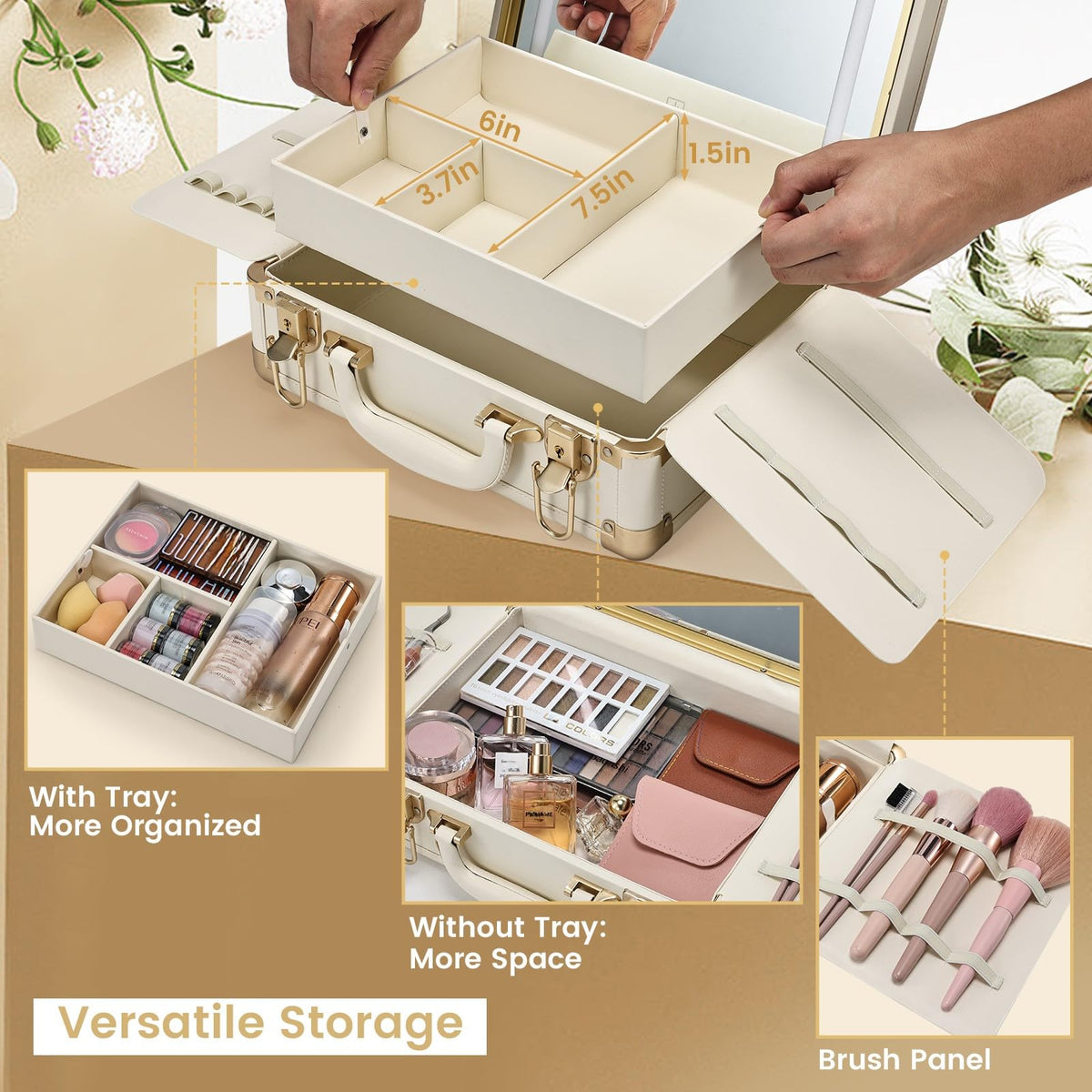 Faquenc Lighted Makeup Case with Detachable Tray, Beige Vegan Leather Makeup Box Rechargable 3-Color LED Mirror, Travel Train Case Makeup Bag Organizer with Champagne Alloy