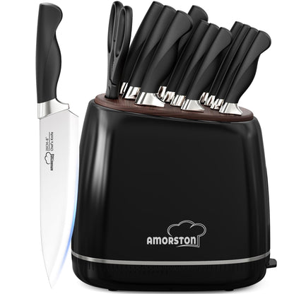 Knife Set, Amorston 14-Piece Kitchen Knives Set with Block & Sharpening Stone, Stainless Steel Dishwasher Safe, Knife Block Set with Ergonomic Handle, Professional Kitchen Knives for Home Cooking