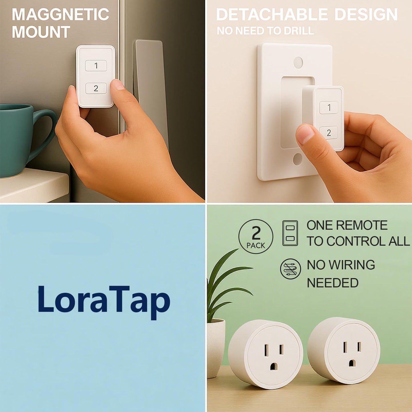 LoraTap 656ft Wireless Wall-Switch: Remote Control Outlet 3 Pack — Lights & Small Appliances — No Wiring —1 Remote for 3 Plugs