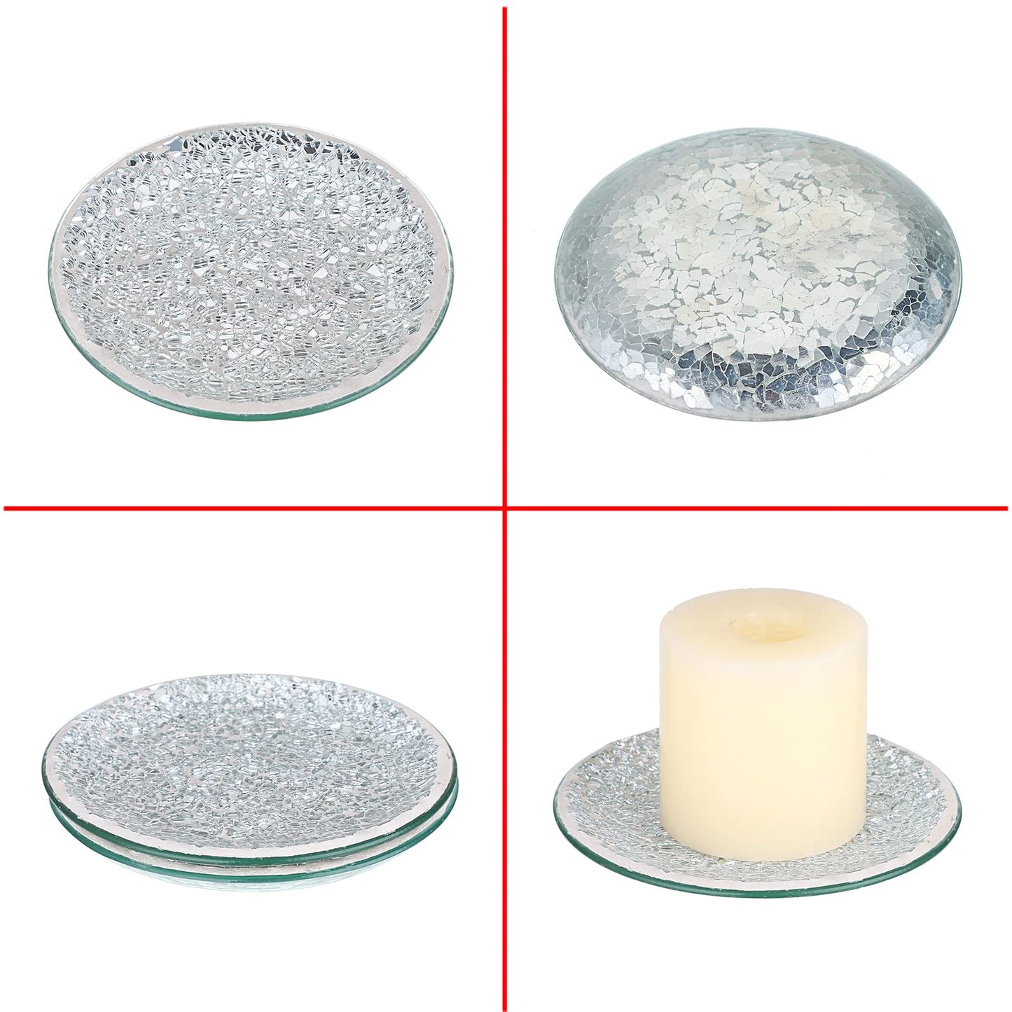 OwnMy 2PCS Mosaic Glass Pillar Candle Holder Plates and Trays, 6 Inch Glass Mosaic Candle Bases Coasters Decorative Pillar Candle Stands for Wedding Table Centerpiececs, Silver