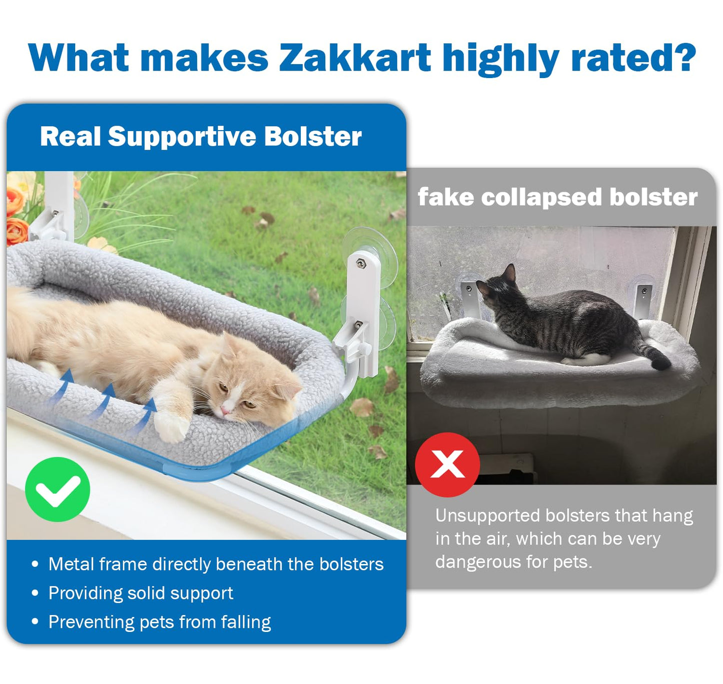 Zakkart Foldable Cat Hammock for Window - Cordless, Machine Washable Bed, Robust Metal Frame & ABS Brackets- Cat Window Perch for Large Cats and Kittens (Gray Bolster Bed, Medium)