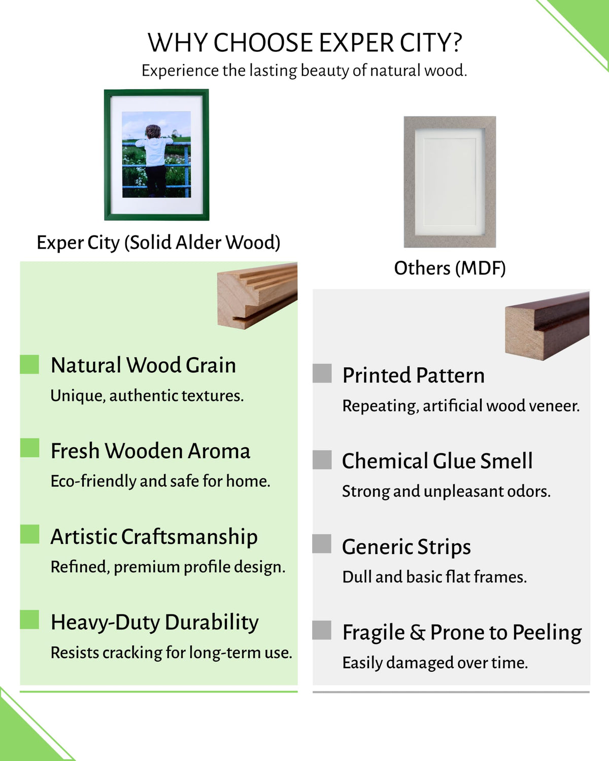 Exper City 11x14 Wooden Picture Frame, Displays 11x14 Without Mat or 8x10 With Mat, Solid Wood Colorful Photo Frame for Wall, Real Glass, Rustic Stepped Edge Design, 2 Pack, Green