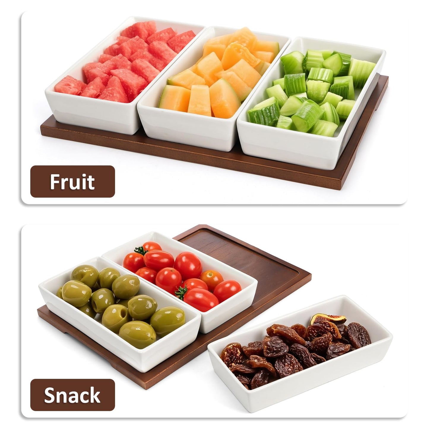 Elsjoy 3-Section Serving Tray, Wood Divided Serving Dish with Ceramic Bowls, 3-Compartment Food Platter Dipping Tray for Appetizer, Fruits, Bread