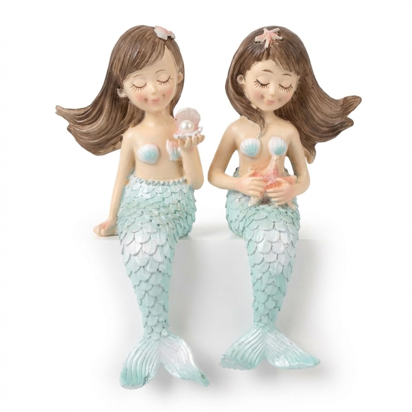The Bridge Collection Set of 2 Mermaid Shelf Sitters – Cute Coastal Mermaid Figurines Designed for Shelf and Counter Edges – Adorable Nautical Beach House Decor