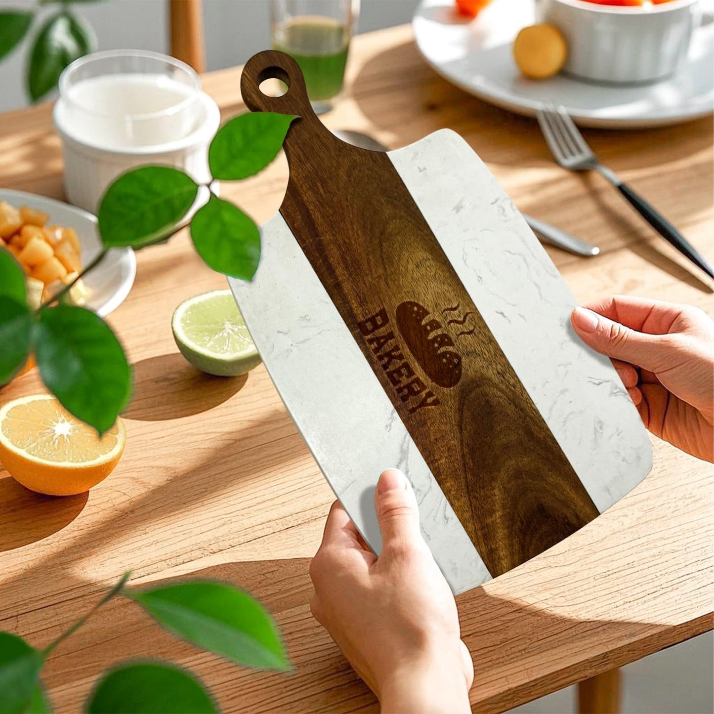 6 Pack Marble and Wood Cutting Board Acacia Wooden Marble Serving Tray with Handle Charcuterie Chopping Board for Laser Engrave, DIY Gift(13.75 Inches x 7.25 Inches)