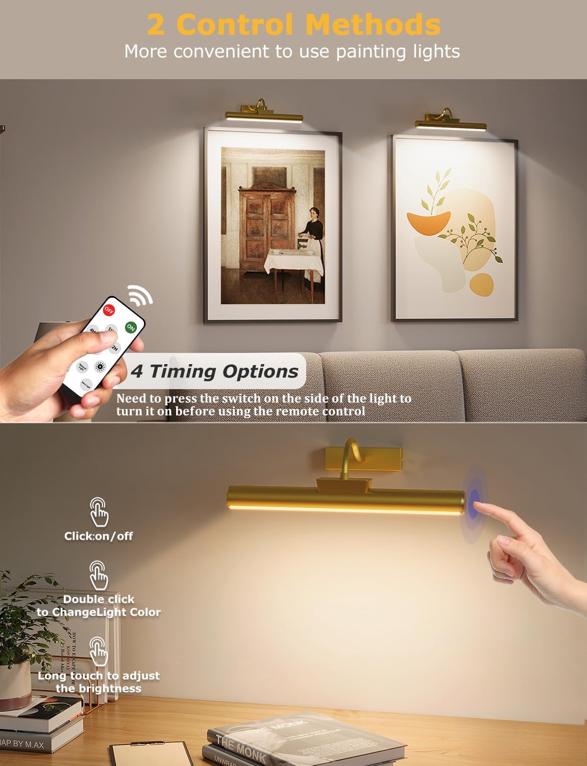 13" Aluminum Wireless Picture Lights for Wall, 5000mAh Rechargeable Battery Operated Wall Art Lighting, Dimmable 3-Color Gallery Painting Light for Pictures On Wall, with Remote/Timer [Gold, 2Pack]