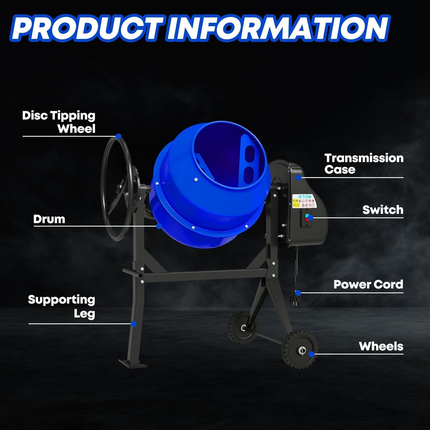 SILVEL Electric Cement Mixer, 5.3 Cu.Ft.750W Portable Concrete Mixer Machine with Wheels & Stand Steel for Stucco, Mortar, Feed Mixing, Farm Use, Orange