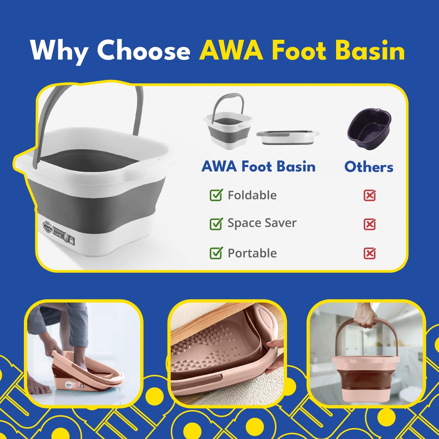 American Wellness Authority AWA Extra Large foot bath basin - Sturdy plastic soak tub For Soaking feet and Pedicure At Home Spa Kit Women Men (Grey Basin), 1.0 Count