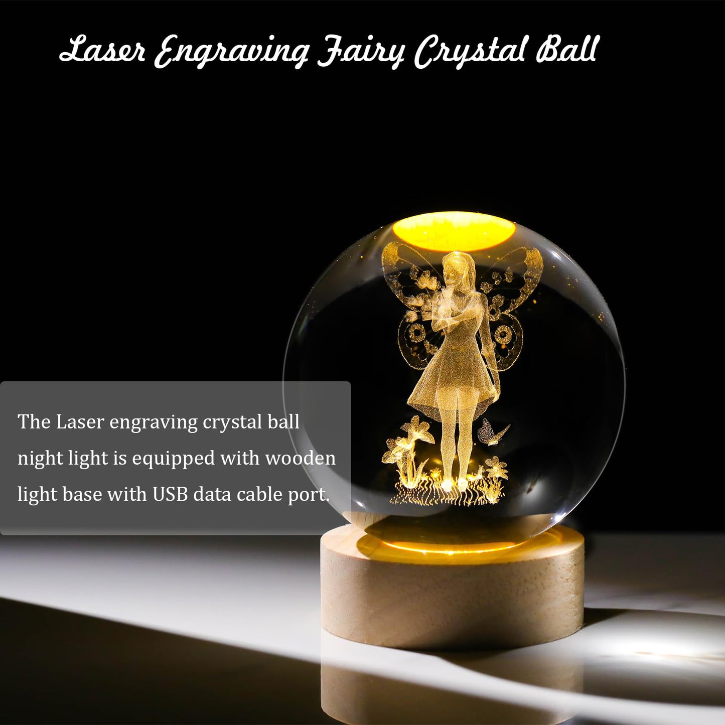 Arikyrist 3D Crystal Ball Lamp with Fairy Figurine and Wooden Base, Laser Engraved Crystal Sphere Night Light and Home Decor Gift
