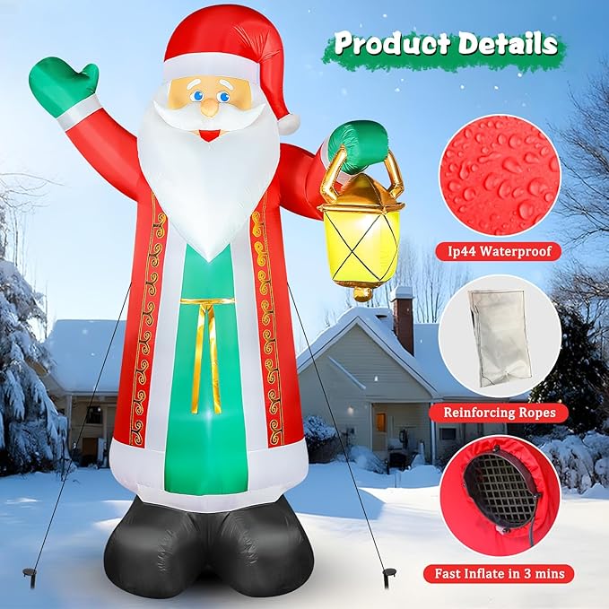 FunFanso 10 FT Christmas Inflatable Santa Claus with Lantern & Green Gloves, Xmas Blow up Outdoor Decorations, Built-in LED Lights for Yard Garden Lawn Patio Indoor Winter Holiday Home Party Decor
