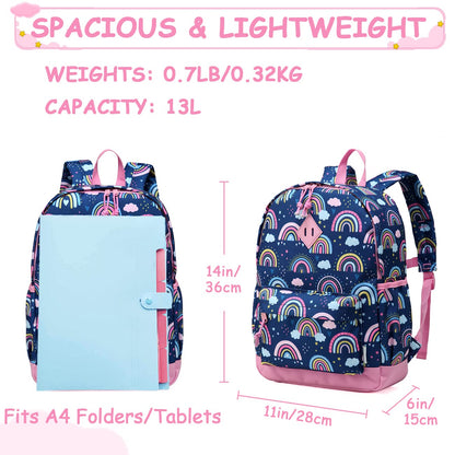 VASCHY Kids Backpack for Girls,Cute Animal Pattern School Bag Daily Children's Rucksack Backpack for School Kindergarten Nursery with Chest Strap And Bottle Pockets(Blue Rainbow)